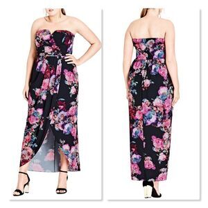 City Chic 'Romantic Rose' Floral Strapless Maxi Dress - size 14 in Black/Pink